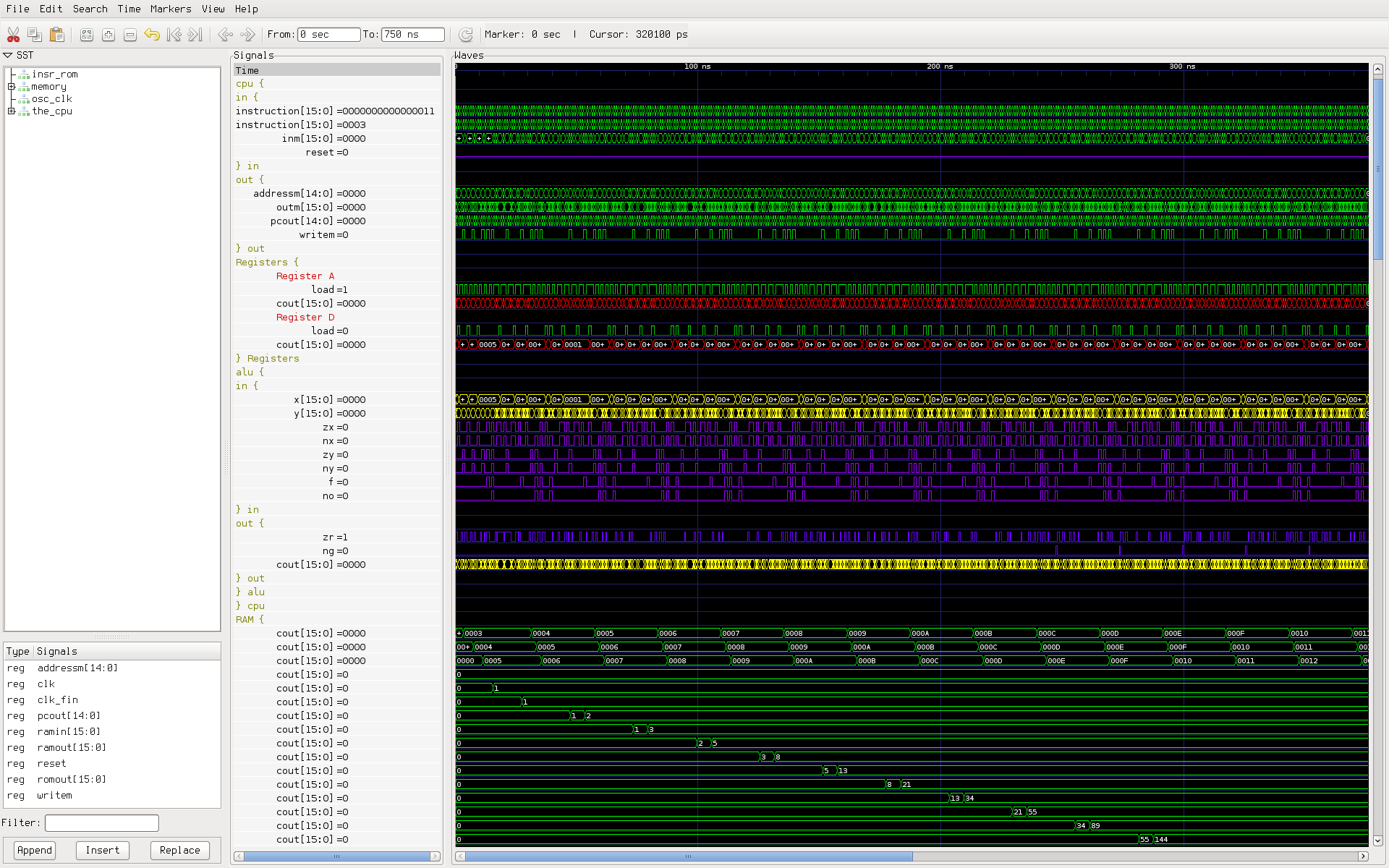 GtkWave displaying a simulation dump from computer_tb running src/asm/Fib.hack